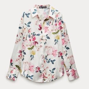 Zara NWT Satin White Floral Shirt Size Medium